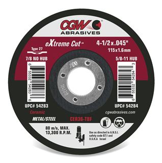 Picture of Ceramic Cutoff Wheels w/ hub 4-1/2 x .0415 x5/8-11; 36 Grit Type 27 10/pk